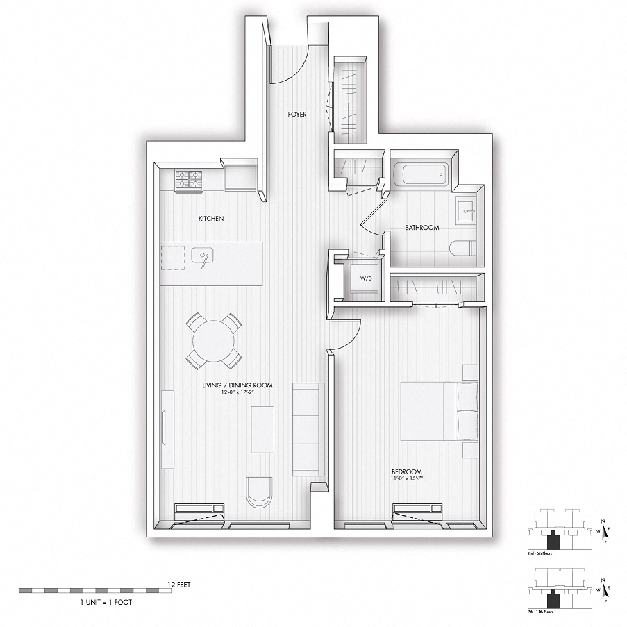 Floor plan for 1 bed, 1 bath, 742 sqft